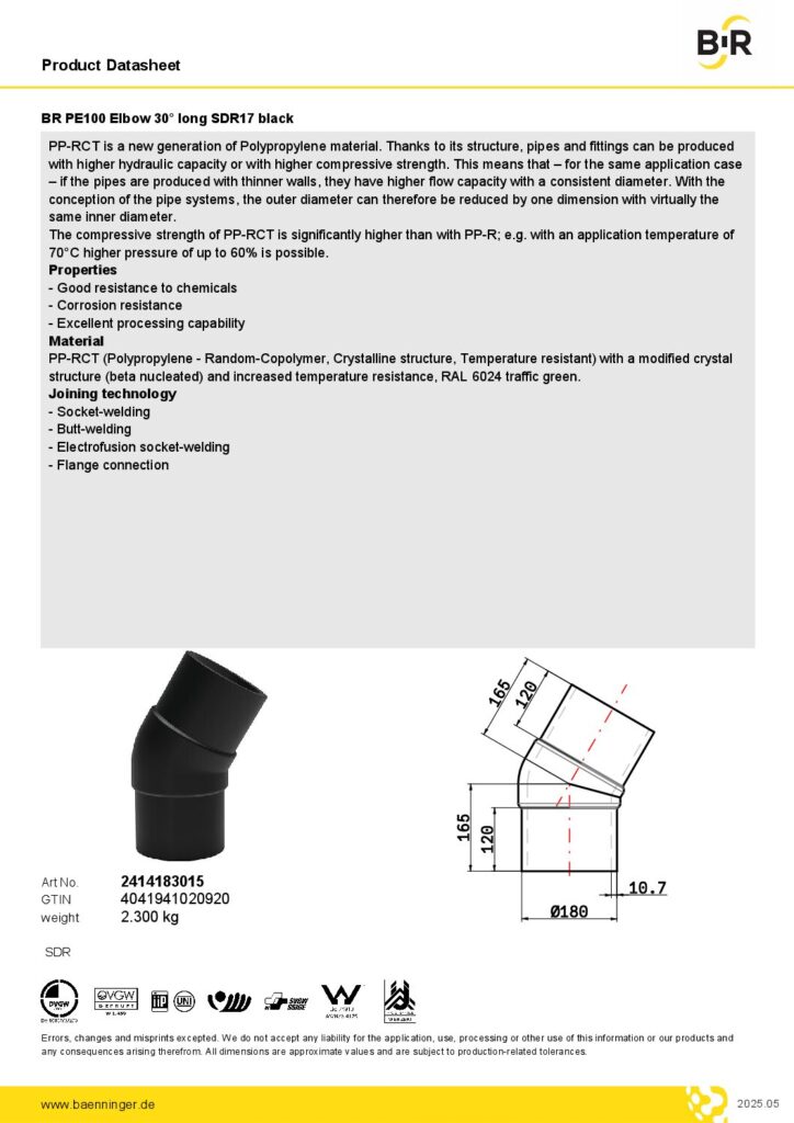 Kolano doczołowe dn180/30stopni PE100 SDR17