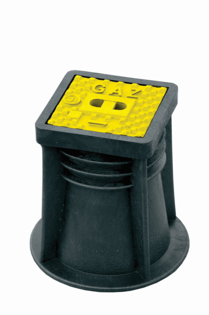 Skrzynka uliczna kwadratowa PEHD DN 150 h=270  Typ 3581 z napisem GAZ