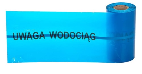 TAŚMA NIEBIESKA, SZER. 20 CM, Z WKŁADKĄ METALOWĄ, NADRUK: UWAGA WODOCIĄG, ROLKA 100 MB