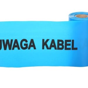 TAŚMA NIEBIESKA, SZER. 20 CM. GR. 0,08 MM. NADRUK "UWAGA KABEL" ROLKI 100 MB.