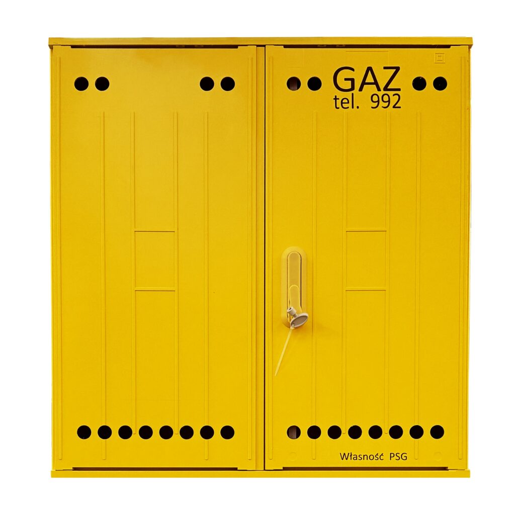 Szafka gazowa wolnostojącą żółta RAL1021 z tworzywa SMC 84cmx80cmx25cm