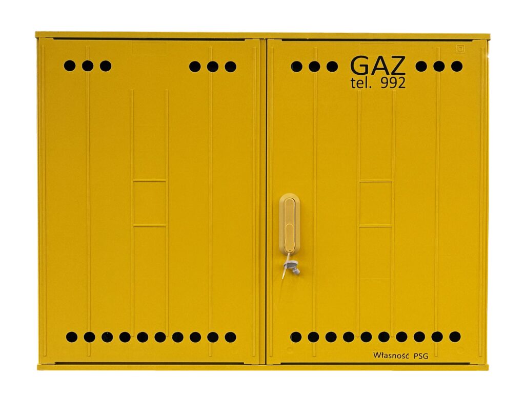 Szafka gazowa wolnostojącą żółta RAL1021 z tworzywa SMC 84cmx106cmx25cm