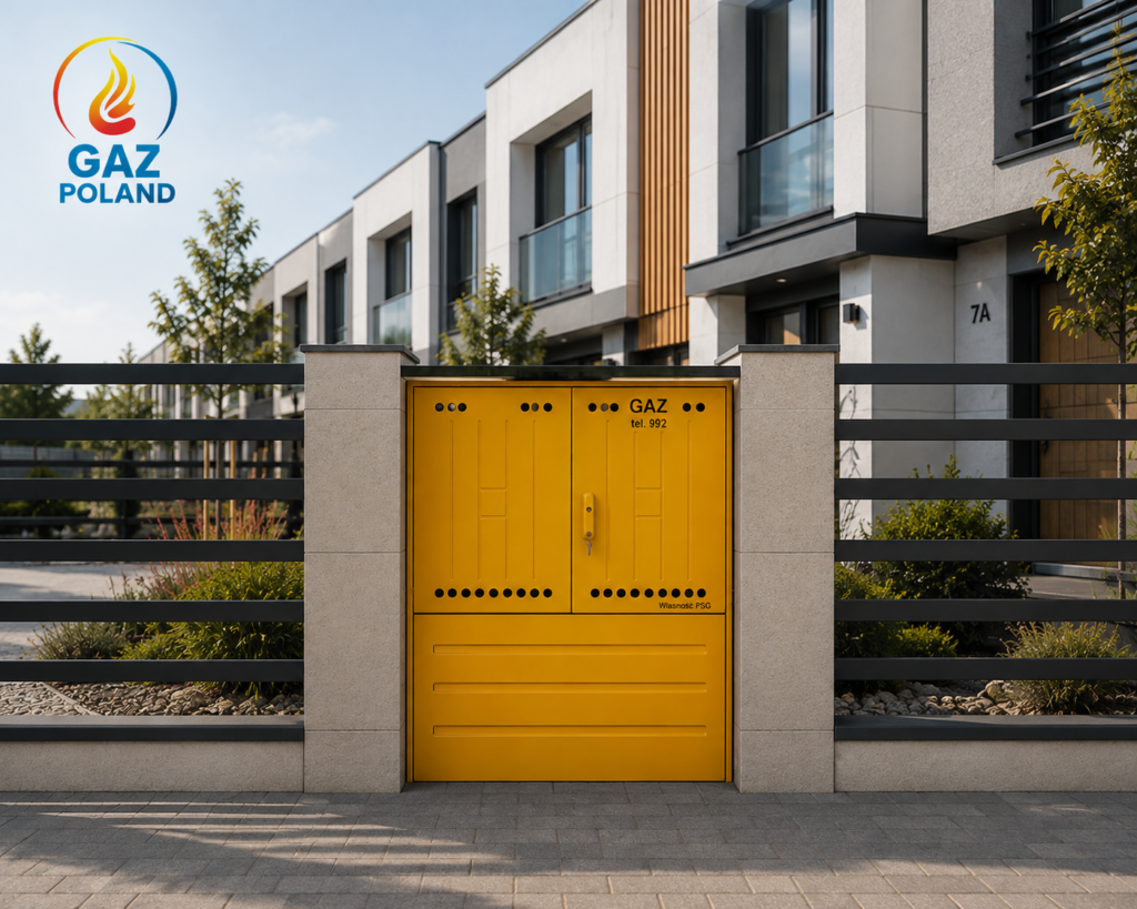 Szafka gazowa wolnostojącą z postumentem na cztery gazomierze G4 RAL1021 ŻÓŁTA